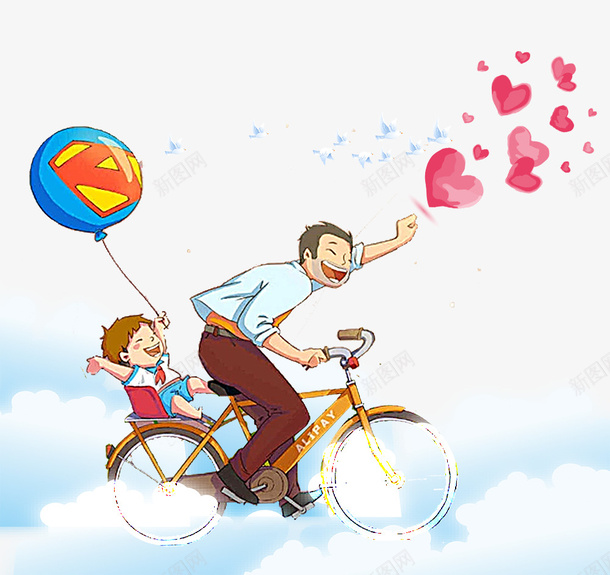 卡通手绘骑车的爸爸带着孩子psd免抠素材_新图网 https://ixintu.com 卡通 带着孩子 手绘 欢呼的孩子 气球装饰 爱心 骑车的爸爸