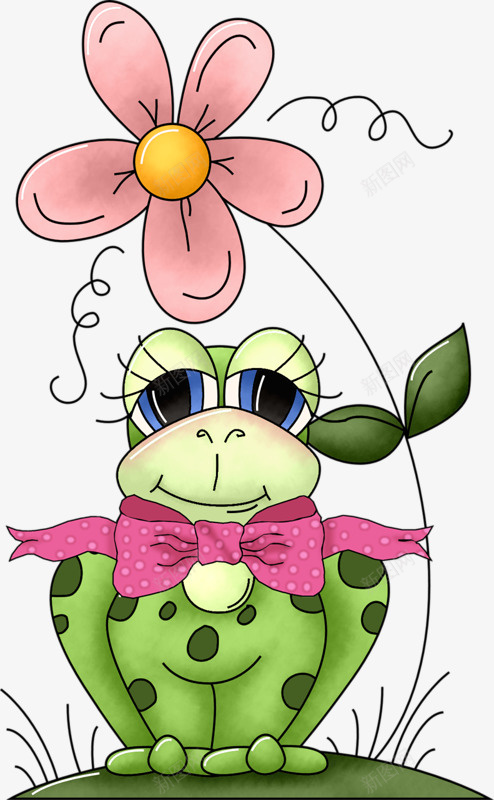 卡通手绘可爱小青蛙png免抠素材_新图网 https://ixintu.com 小青蛙 粉色花朵 花朵 长睫毛