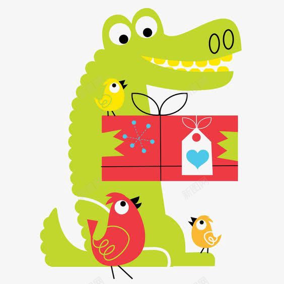 收到礼物的鳄鱼png免抠素材_新图网 https://ixintu.com 卡通 小鸟 手绘 拟人 插画 礼物盒 鳄鱼