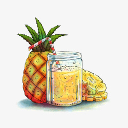 新鲜的菠萝汁手绘新鲜菠萝和菠萝汁高清图片