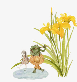 创意手绘女孩花朵与青蛙素材