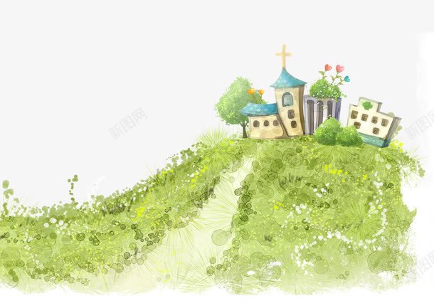绿色草地和房子png免抠素材_新图网 https://ixintu.com 城堡 房子 手绘 绿色 草地