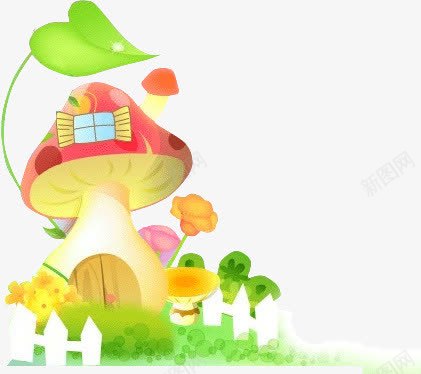 红色蘑菇屋png免抠素材_新图网 https://ixintu.com 红色蘑菇屋 绿叶蘑菇 蘑菇屋