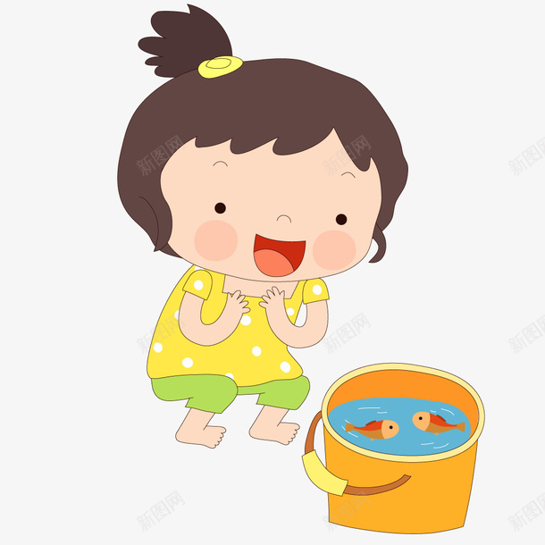 女孩看着桶里的鱼矢量图ai免抠素材_新图网 https://ixintu.com 创意 手绘 插画 矢量人物 矢量图