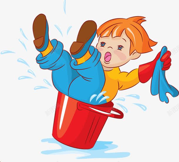 打扫卫生png免抠素材_新图网 https://ixintu.com 卡通 小男孩 手套 手绘 红色水桶