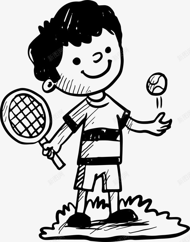 手绘打网球的男孩png免抠素材_新图网 https://ixintu.com 开心 手绘男孩 打网球的男孩 抛球 绘画 网球运动