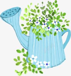蓝色喷壶蓝色卡通喷壶植物白色小花高清图片