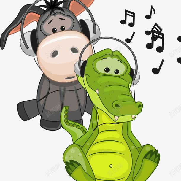 戴耳机听音乐的驴与鳄鱼png免抠素材_新图网 https://ixintu.com 听音乐 戴耳机 驴 驴子卡通 鳄鱼