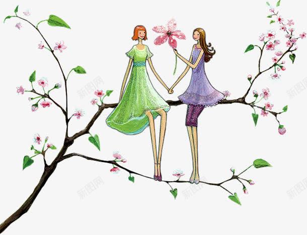 手绘在桃树上玩耍的两女孩png免抠素材_新图网 https://ixintu.com 卡通女孩 手绘 树枝 桃花