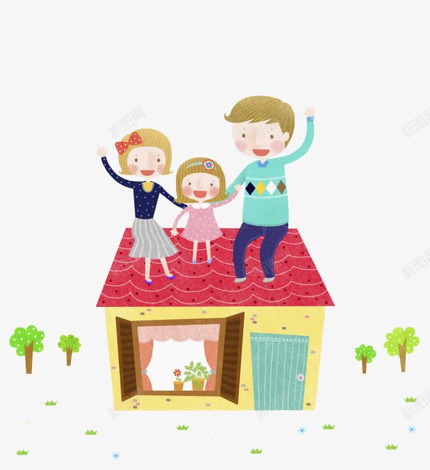 高兴的一家人png免抠素材_新图网 https://ixintu.com 一家人 兴奋 卡通 房子 手绘 挥手 树木 水彩 高兴