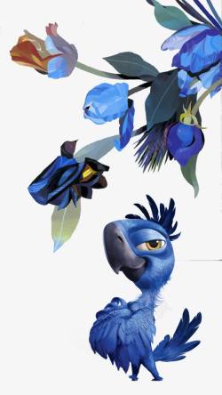 蓝色的花和鹦鹉素材