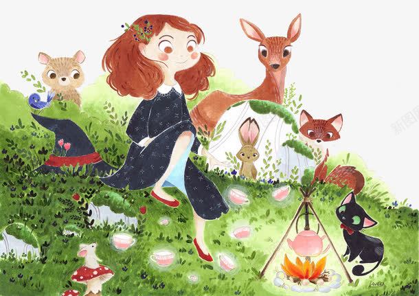创意手绘女孩猫兔png免抠素材_新图网 https://ixintu.com 创意设计 卡通设计 可爱动物设计