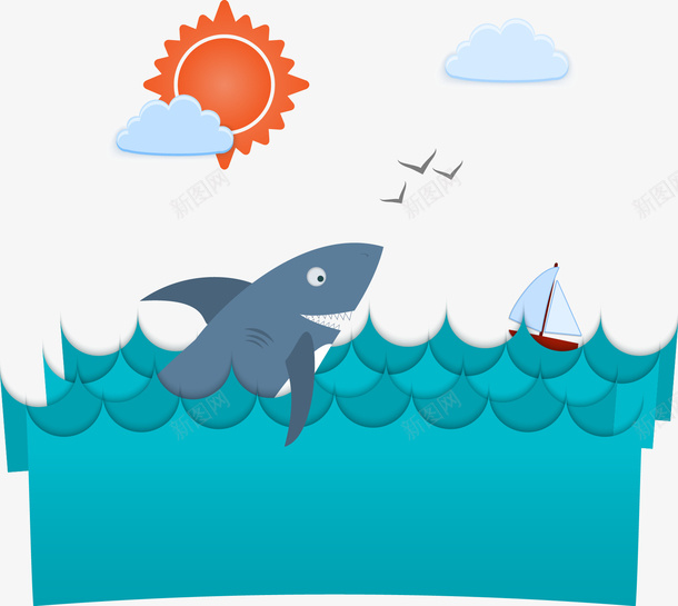 鲨鱼矢量图eps免抠素材_新图网 https://ixintu.com 免费矢量下载 小船 插画 海洋 鲨鱼 矢量图