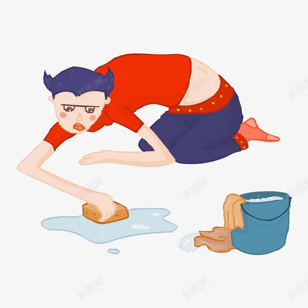 跪在地上擦地板的人png免抠素材_新图网 https://ixintu.com 卡通插图 手绘插画 抹布 擦地板 水桶 水渍 跪在地上