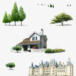 摄影合成树木别墅建筑素材