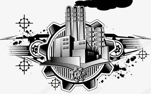 城市工厂插画psd免抠素材_新图网 https://ixintu.com 烟囱 空气污染 线条 黑色