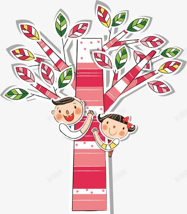 爬树的小朋友png免抠素材_新图网 https://ixintu.com 卡通 叶子 小朋友 树