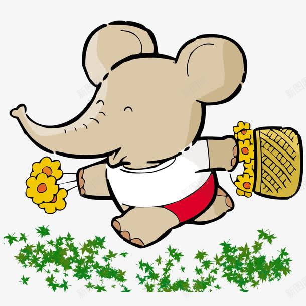 拿花篮的小象png免抠素材_新图网 https://ixintu.com 卡通 可爱 小象 手绘 简图 花朵 花篮 黄色的
