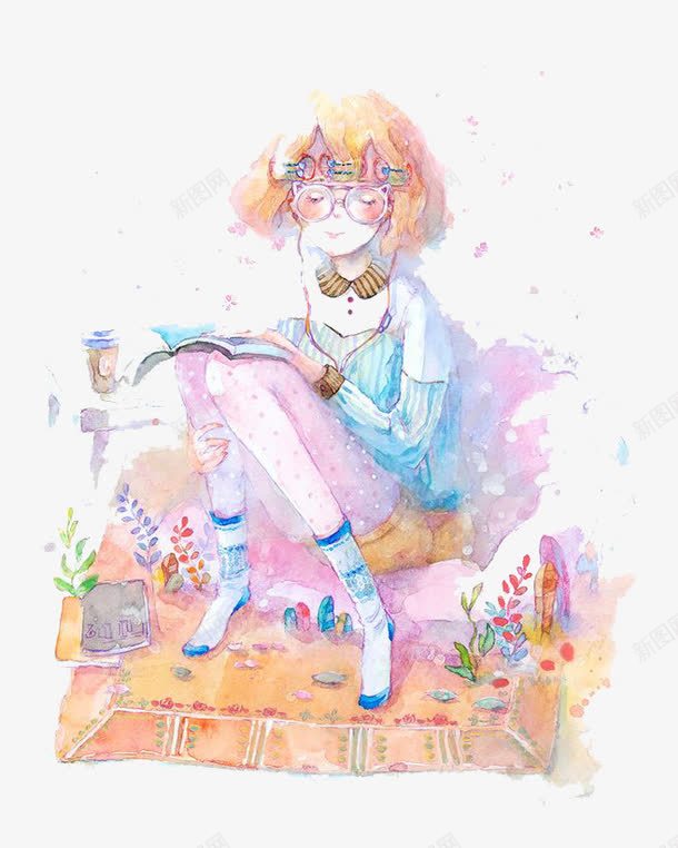 水彩女孩png免抠素材_新图网 https://ixintu.com 卡通 女孩 彩色 手绘 水彩 看书 短发 粉色 紫色
