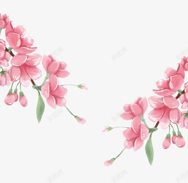粉色桃花png免抠素材_新图网 https://ixintu.com 叶子 手绘 枝条 桃花 简图 粉色的 绿色的 花瓣