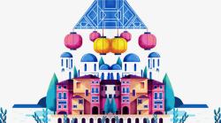 手绘城市城堡灯笼图案素材