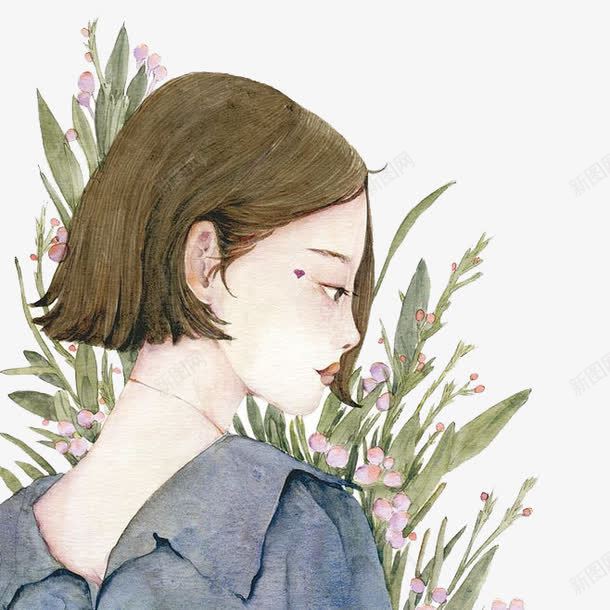 水彩女孩png免抠素材_新图网 https://ixintu.com 卡通 女孩 手绘 文艺 水彩 淑女 短发 绿叶 装饰