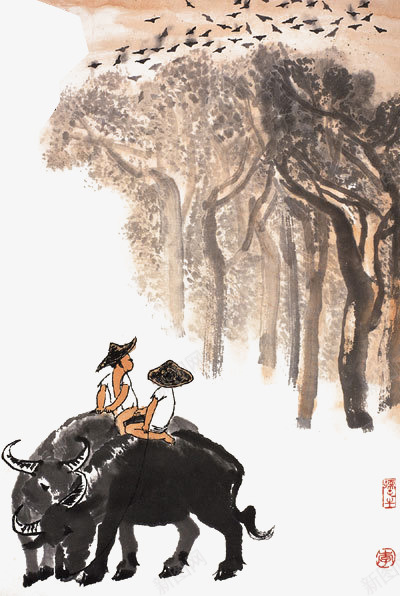 放牛的孩子png免抠素材_新图网 https://ixintu.com 卡通 古风 孩子 手绘 放牛 树木 素材公社