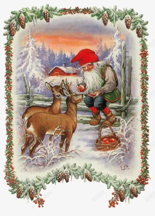 松果框中的喂小鹿食物的圣诞老人png免抠素材_新图网 https://ixintu.com 圣诞老人 圣诞节 小鹿 松果框