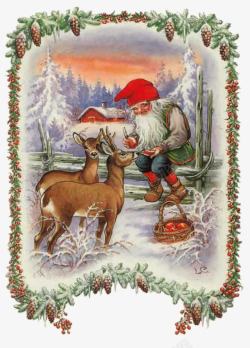 风雪中的松果松果框中的喂小鹿食物的圣诞老人高清图片