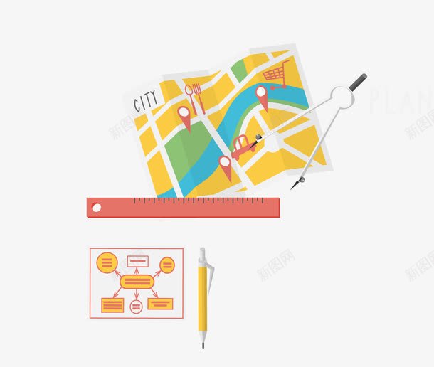 商务地图图标png_新图网 https://ixintu.com 位置图标 商务地图 圆规 尺子 矢量地图 铅笔