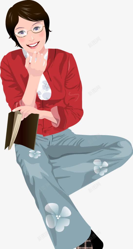 坐着看书的红衣女人png免抠素材_新图网 https://ixintu.com 书本 坐着看书的红衣女人矢量 坐着读书 女人 眼镜