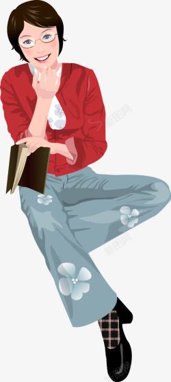 坐着看书的红衣女人素材