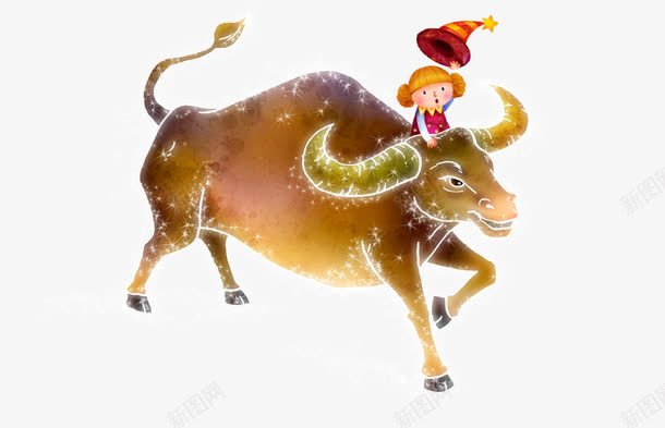骑着牛的小姑娘水彩手绘png免抠素材_新图网 https://ixintu.com 免抠图 免抠图素材 卡通骑牛人物 水彩画 金牛 骑牛的女孩