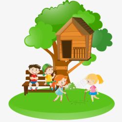 孩子与树屋插图素材