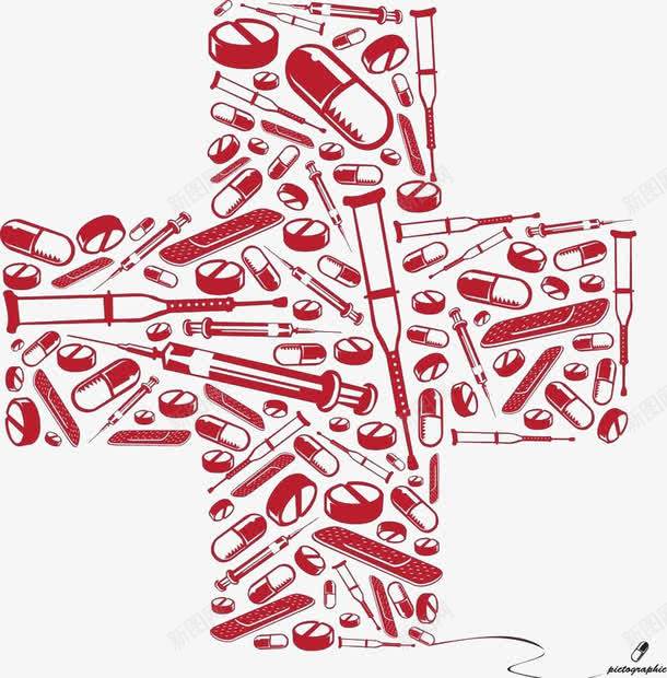 药丸针筒组成的十字png免抠素材_新图网 https://ixintu.com 创意 卡通 现代 红色 药丸