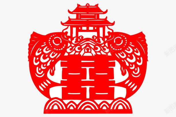 中国风喜字艺术字png免抠素材_新图网 https://ixintu.com 中国风 卡通手绘 古风 喜庆 城楼 水彩 红色 红色的鱼