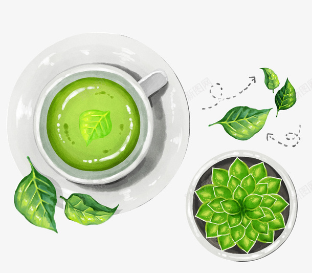 绿茶茶文化psd免抠素材_新图网 https://ixintu.com 传统文化 健康生活方式 茶叶片 茶文化 茶碟茶杯 身体保养 饮用器具