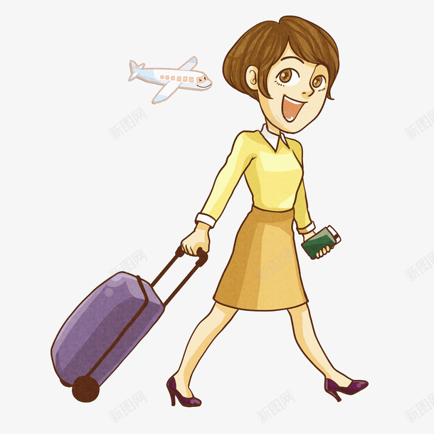 拉着行李箱的女人png免抠素材_新图网 https://ixintu.com 卡通 女人 插图 旅行 漂亮的 飞机 高兴地