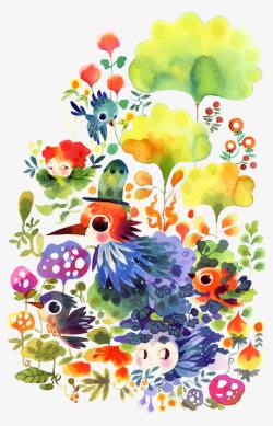 手绘炫彩花鸟叶子图案素材