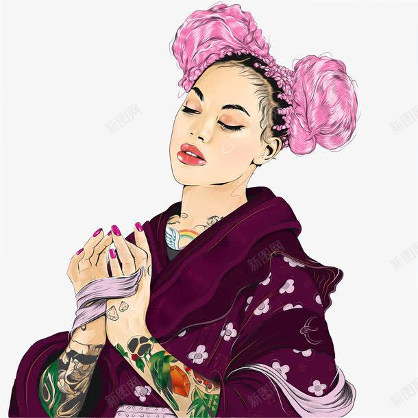 戴假发纹身的女人png免抠素材_新图网 https://ixintu.com 戴假发的人 手绘人物 纹身的女人