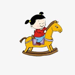 手绘卡通女孩骑木马素材