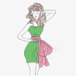 绿色包臀裙长发女郎纹绣美女素材