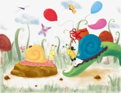 卡通手绘植物蜗牛背景素材