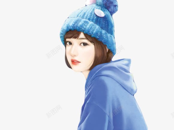 手绘带蓝色帽的女人png免抠素材_新图网 https://ixintu.com 女人 蓝色