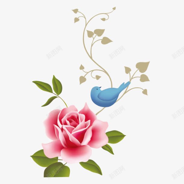 粉色的花儿和蓝色的鸟png免抠素材_新图网 https://ixintu.com 粉色 花儿 蓝色