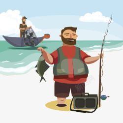 卡通手绘渔夫海上收鱼素材