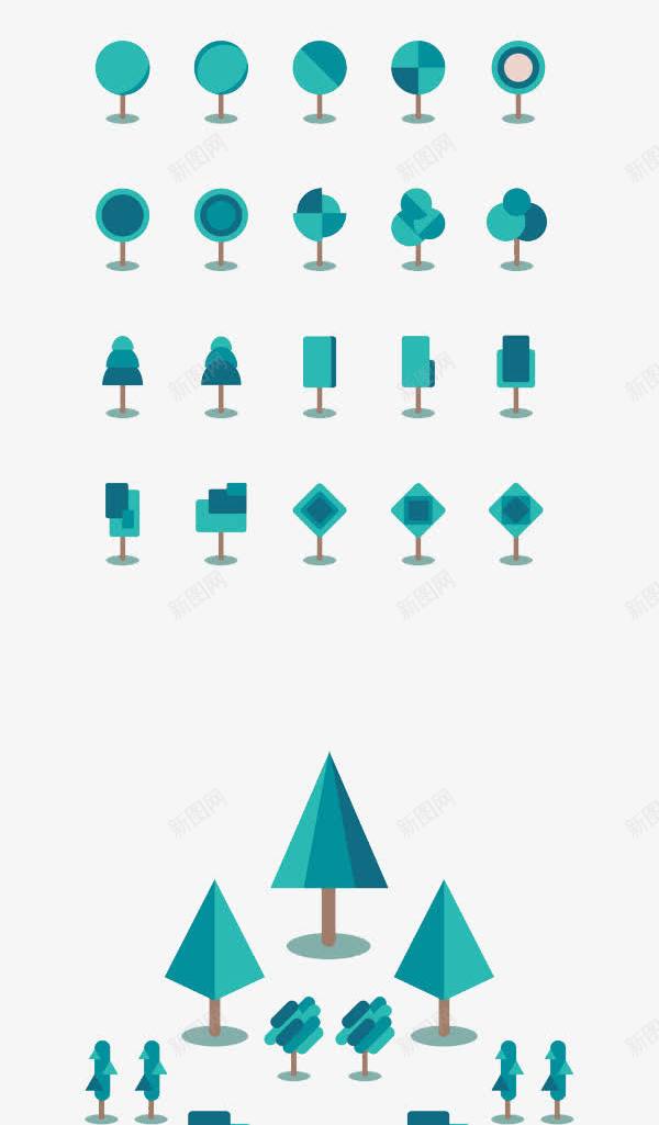 不同形状的树png免抠素材_新图网 https://ixintu.com 扁平 树木 蓝色