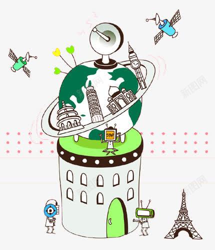 手绘建筑地球机器人png免抠素材_新图网 https://ixintu.com 卡通 建筑 手绘 绘画
