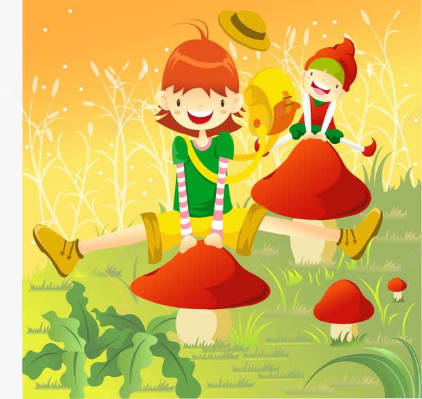 卡通玩耍的男孩女孩png免抠素材_新图网 https://ixintu.com 卡通手绘 大自然 幻想 梦幻 男孩女孩 童话世界 蘑菇 跨栏