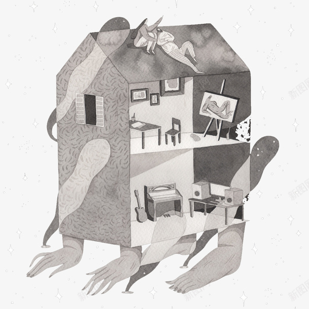 长手的房子创意插图png免抠素材_新图网 https://ixintu.com 创意插图 长手的房子 黑白插画
